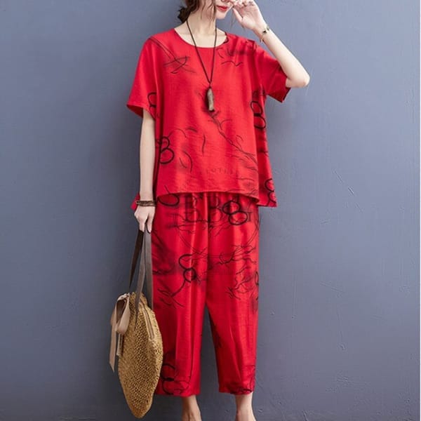 RED HALF SLEEVES PRINTED CAPRI SETS Shopcify
