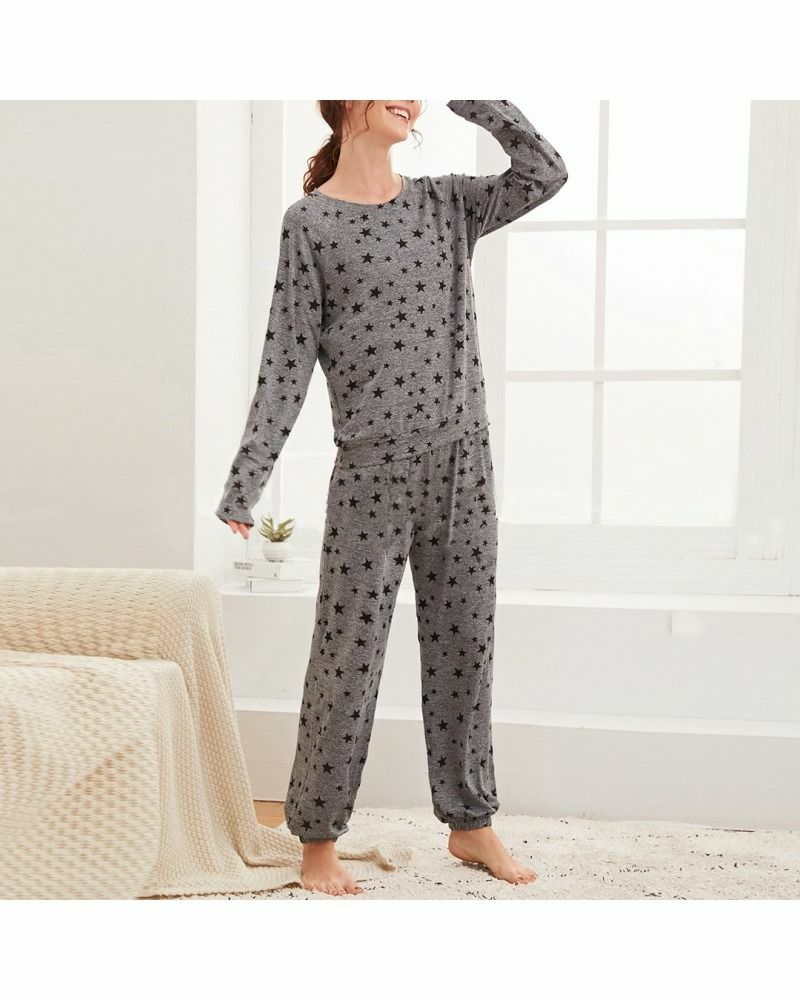 GRAY FULL SLEEVES STAR PRINTED NIGHTWEAR Shopcify