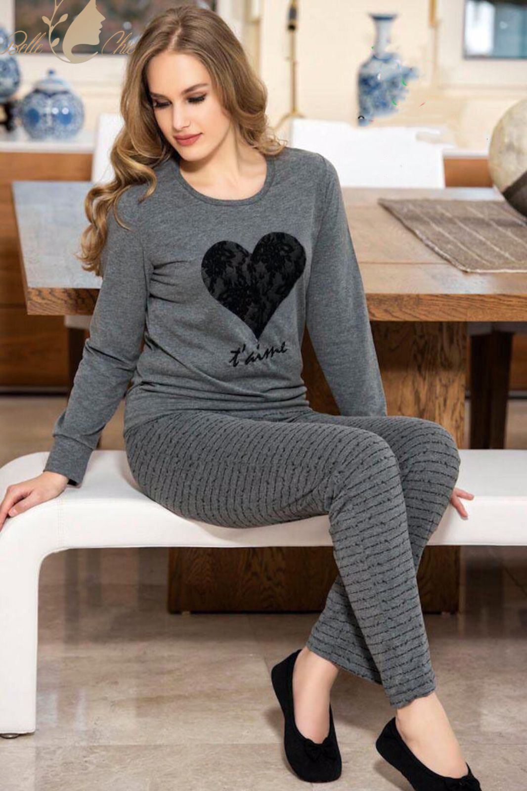 Grey heart Printed Night Suit Shopcify