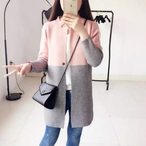Pink Contrast Long Sleeve Fashion Cardigan Sweater Shopcify