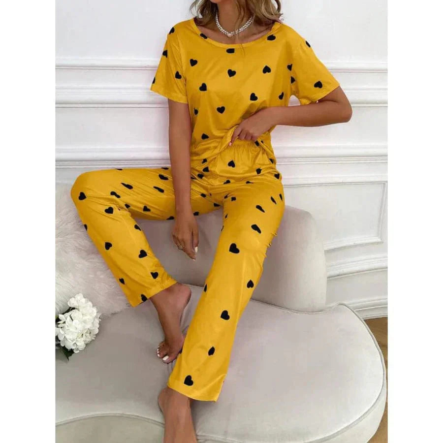 Yellow & Black Heart Printed Women's P Sets Shopcify
