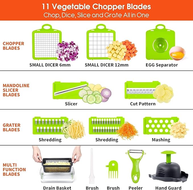 Vegetable Chopper, 16-in-1 Multifunctional Food Chopper, 8 Blades Vegetable Slicer, Onion Chopper Vegetable Cutter & Adjustable Veggie Slicer, Potato Dicer Chopper, Container for Salad Garlic | Grey Shopcify