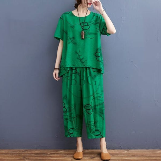 GREEN HALF SLEEVES PRINTED CAPRI SETS Shopcify