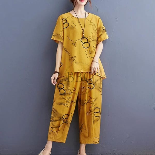 YELLOW HALF SLEEVES PRINTED CAPRI SETS Shopcify