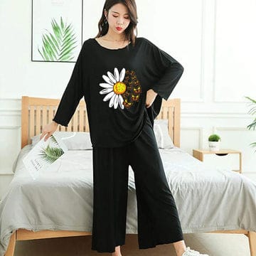 BLACK DAISY FLOWER PRINTED LOUNGEWEAR CH-2500 Shopcify