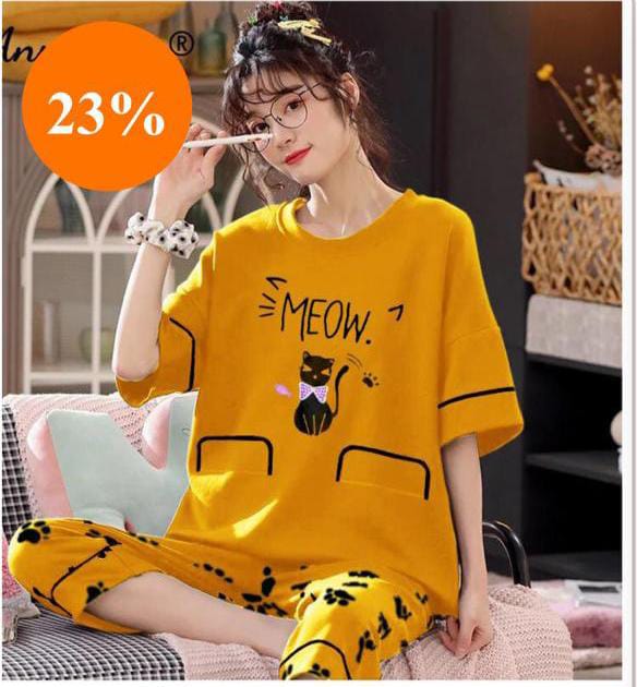 YELLOW MEOW PRINTED NIGHT WEAR Shopcify