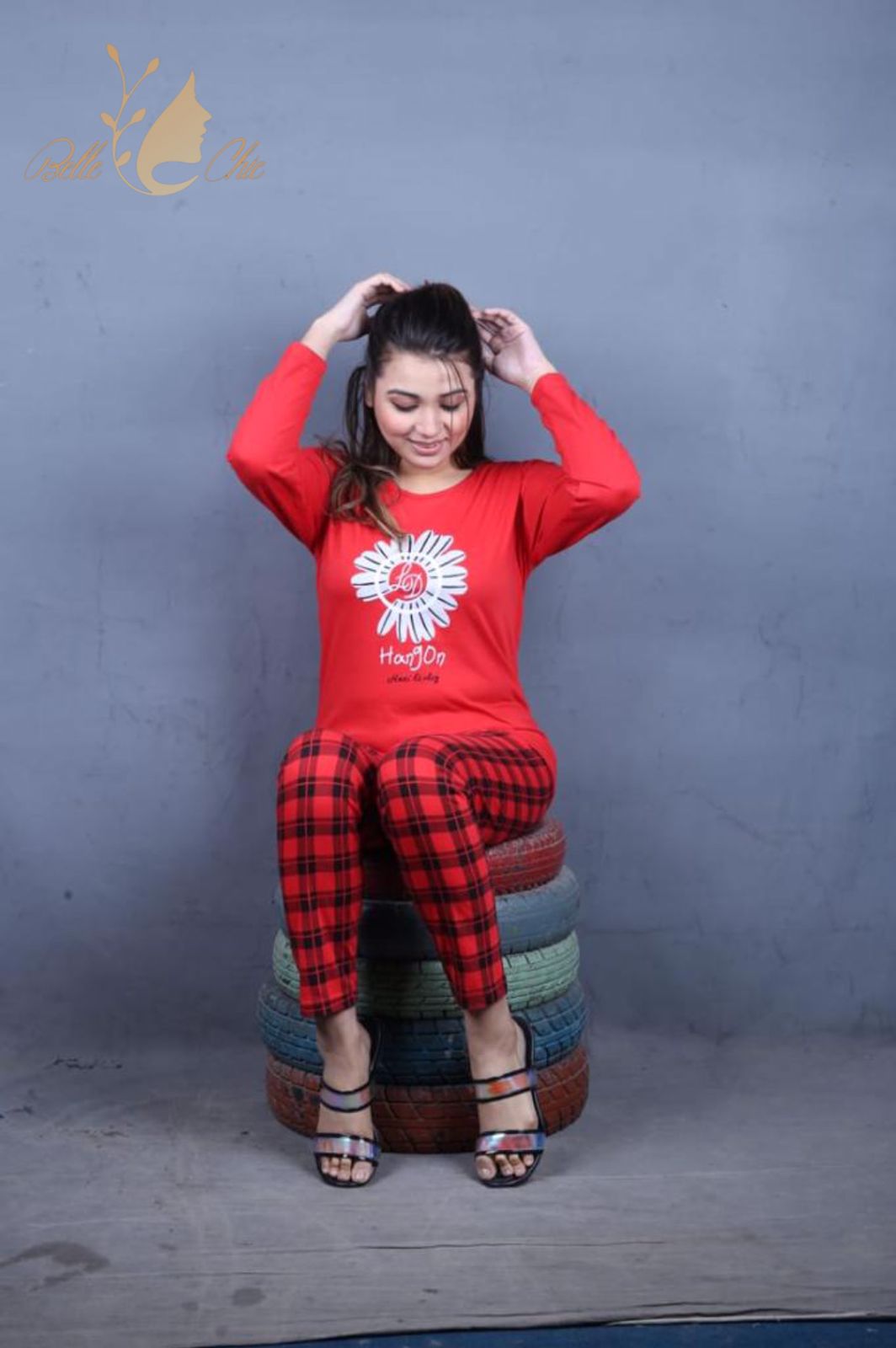 Red Flower Check Sleeping Wear Shopcify