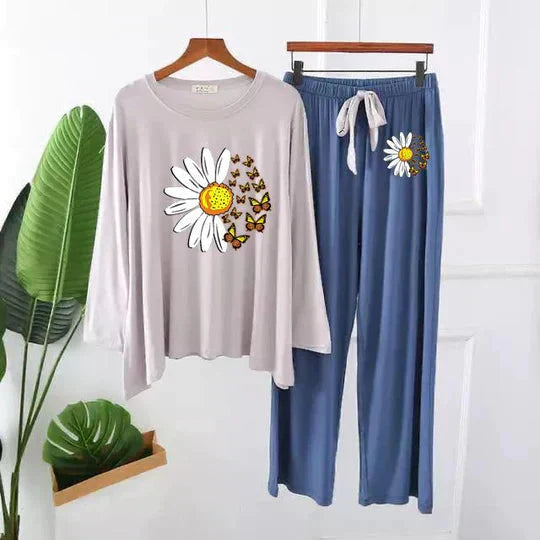 WHITE DAISY FLOWER PRINTED LOUNGEWEAR Shopcify
