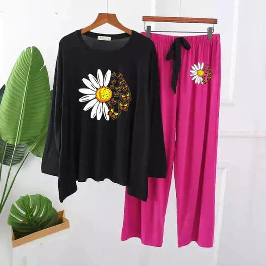 BLACK DAISY FLOWER PRINTED LOUNGEWEAR Shopcify