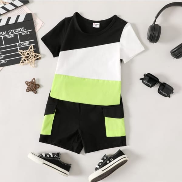 BLACK LIGHT GREEN AND WHITE PANEL T-SHIRT SHORTS SET Shopcify
