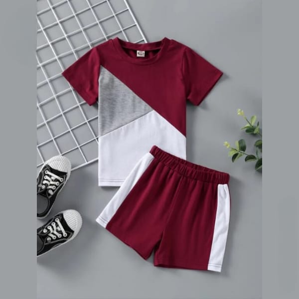 MAROON PANEL T-SHIRT SHORTS SET Shopcify