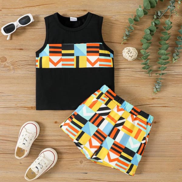 COLORFUL GEOMETRY PRINT TANK TOP AND SHORTS SET Shopcify