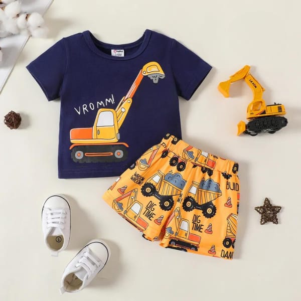 EXCAVATOR PRINT SHORT-SLEEVE TEE & SHORTS SET Shopcify
