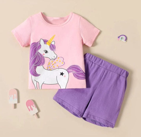 PINK PURPLE UNICORN PRINT SHORT-SLEEVE TEE & SHORTS SET Shopcify