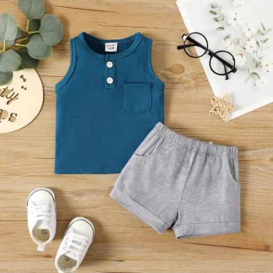 BLUE GREY SLEEVELESS SHORTS SET Shopcify