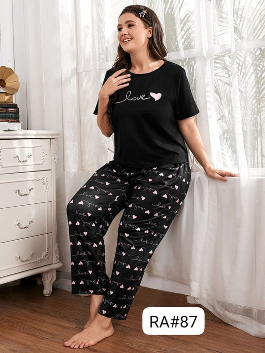 Black Love With Heart Printed Women's PJ Sets Shopcify