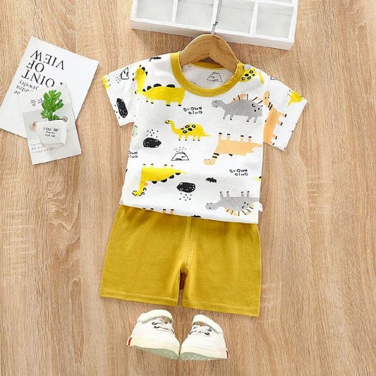 Yellow Grey Dinosaur Printed Short Sleeves Kids Wear