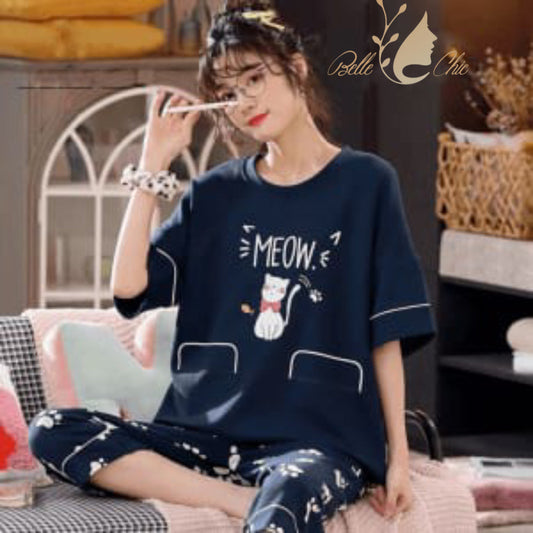 MEOW PRINTED PJ SUIT NAVY BLUE Shopcify