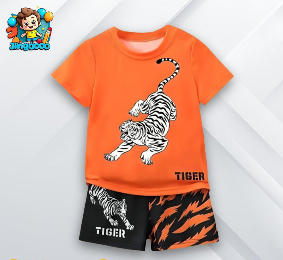 ORANGE & BLACK TIGER PRINTED SHORT SLEEVE KIDS WEAR Shopcify